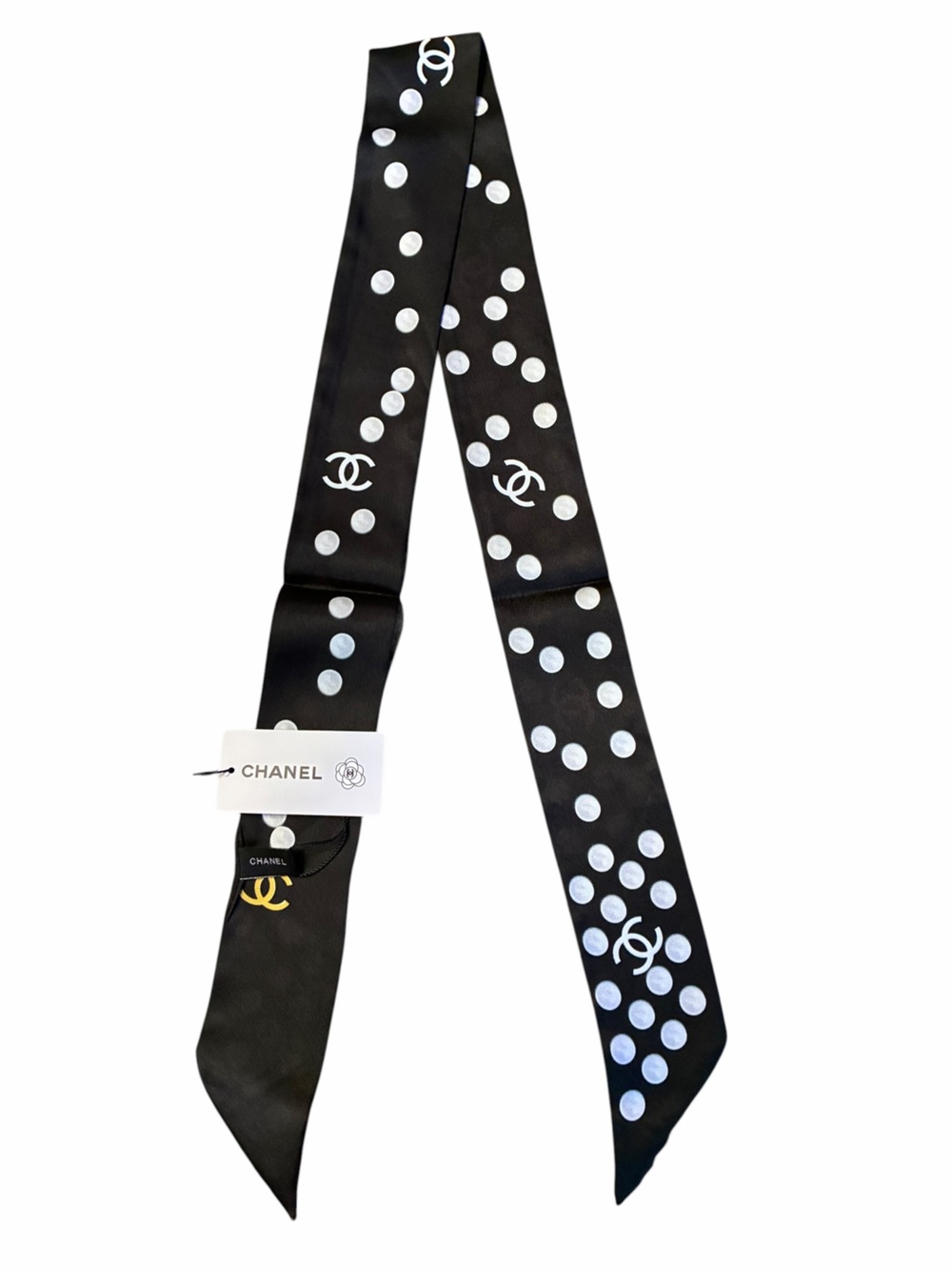 Fashion Letter C Logo 100% Silk Twilly Slim Bandeau Scarf Black with white Pearl
